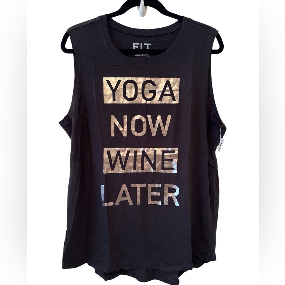 ⭐️NWT⭐️Yoga Now Wine Later Black Sleeveless Top with Gold and Silver Accents